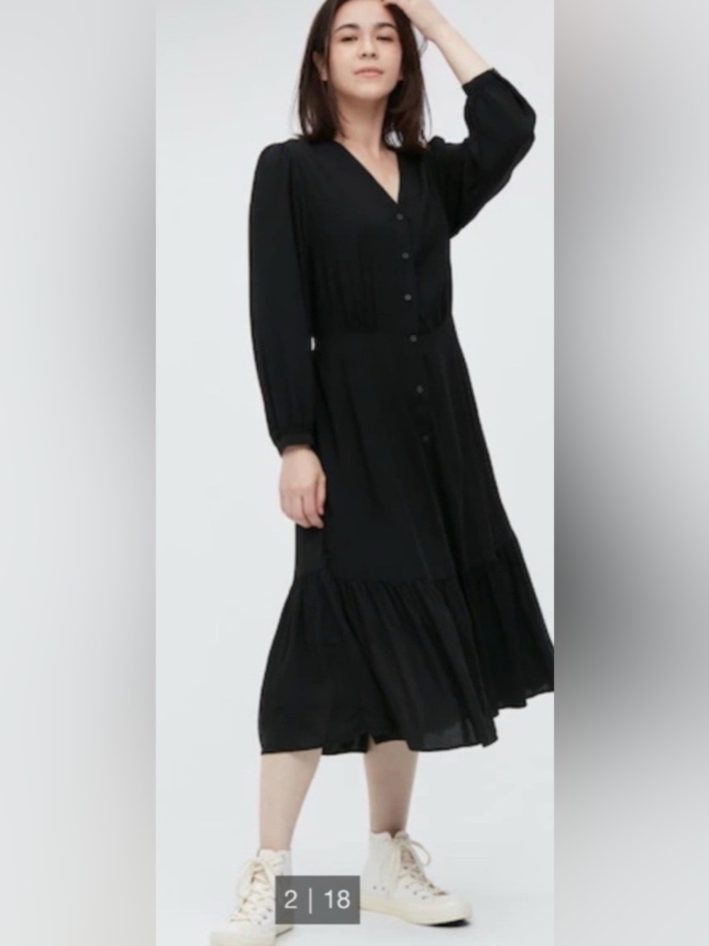 Uniqlo Black Button-Front V-Neck Tiered Midi Dress